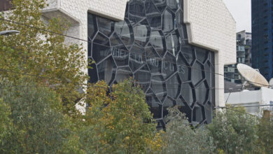 Melbourne Recital Centre on Sturt Street, Southbank, viewed from the northeast, showing the distinctive folded-paper exterior.