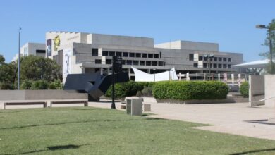 QPAC building facade on South Bank, Brisbane, showing the entry and the curving roof of the Concert Hall.
