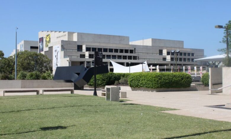 QPAC building facade on South Bank, Brisbane, showing the entry and the curving roof of the Concert Hall.